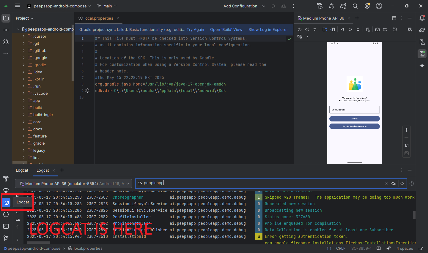 Location of Logcat tab in Android Studio with Logcat output visible